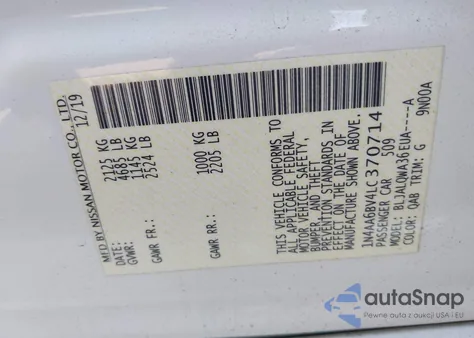 2020 Nissan Maxima S Xtronic Cvt z USA, uszkodzony, nr VIN 1N4AA6BV4LC370714